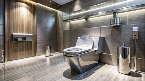 Modern public restroom features sleek, stainless steel toilet with advanced automatic bidet, heated seat, and self-cleaning nozzle, exuding luxury and technological innovation.