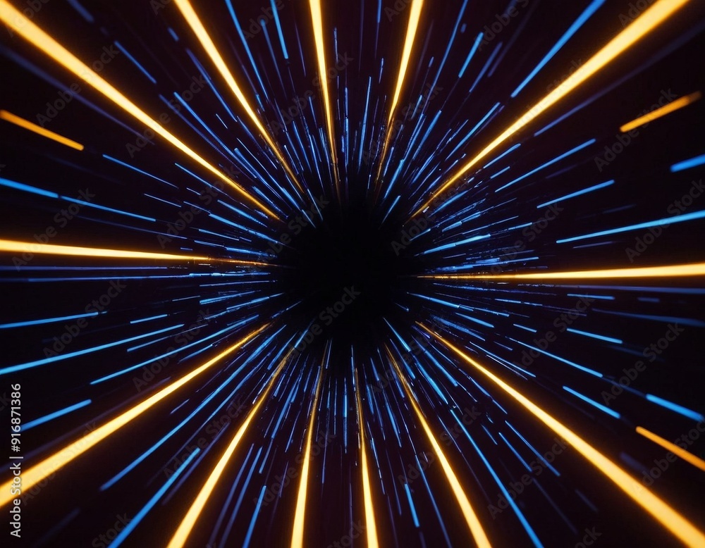 digital starburst pattern with blue and yellow lines radiating outwards from central black circle. digital starburst pattern with blue and yellow lines radiating outwards from central black circle.