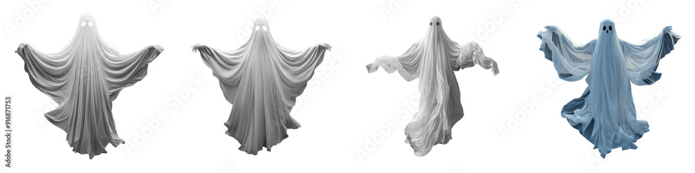 Set of A ghostly white figure with arms outstretched, made from sheets, isolated white ghost on a transparent background