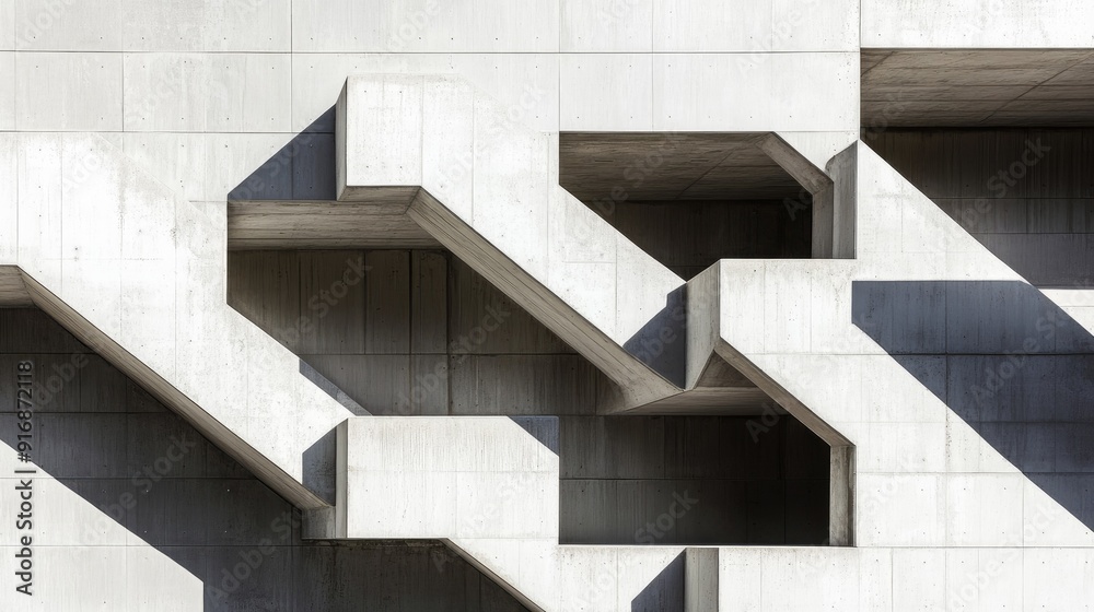 Minimalist white concrete building with geometric cutouts and shadows