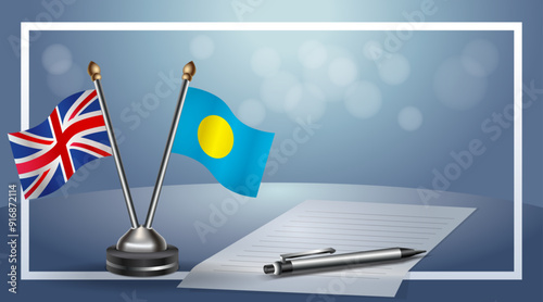 United Kingdom and Palau Small national flag on bokeh background, cooperative relationship
