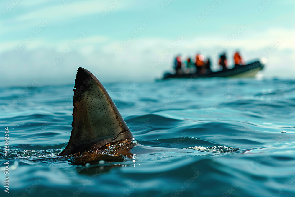 Fototapeta premium Big white shark fin against of boat with tourists background
