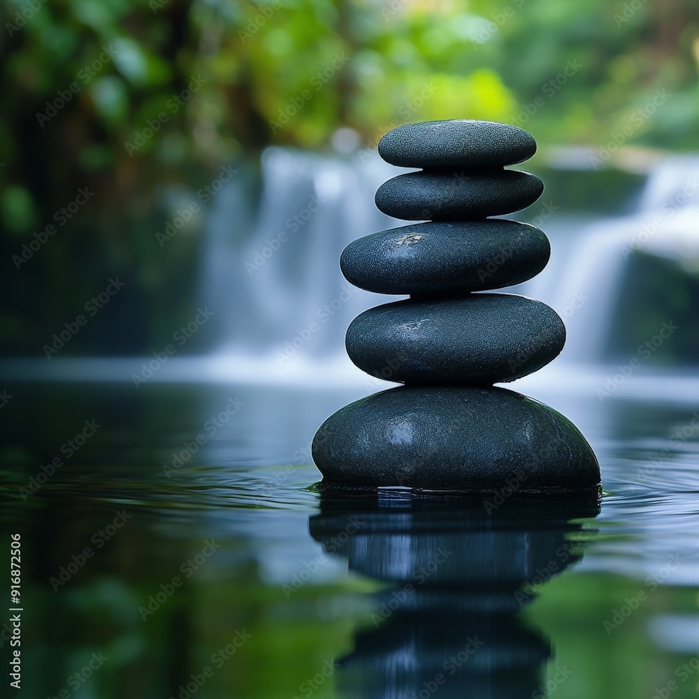 Zen Stones with Waterfall and Lush Greenery Zen Stones with Waterfall and Lush Greenery