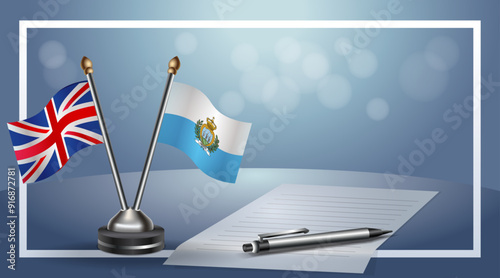United Kingdom and San Marino Small national flag on bokeh background, cooperative relationship