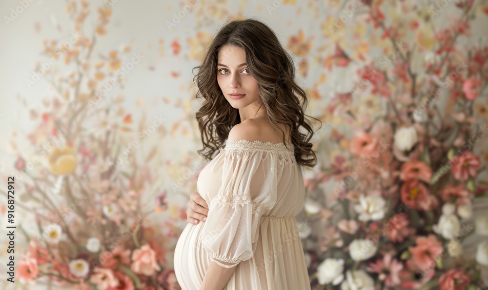 portrait of a pregnant brunette with shoulder-length curly brown hair portrait of a pregnant brunette with shoulder-length curly brown hair