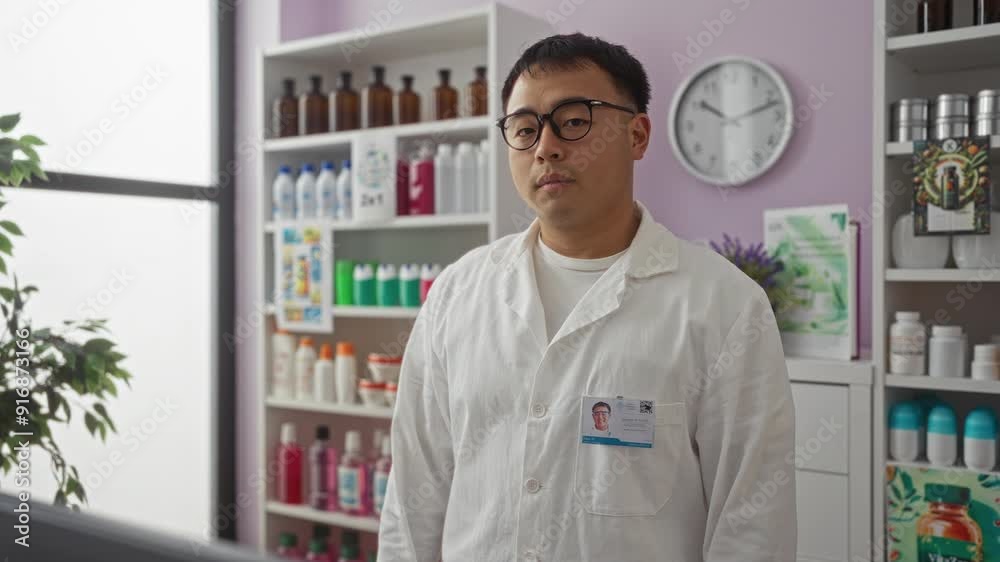 Young asian male pharmacist wearing a white lab coat stands indoors at a pharmacy with shelves of products, including bottles and containers, in the background. Young asian male pharmacist wearing a white lab coat stands indoors at a pharmacy with shelves of products, including bottles and containers, in the background.