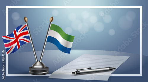 United Kingdom and Sierra Leone Small national flag on bokeh background, cooperative relationship