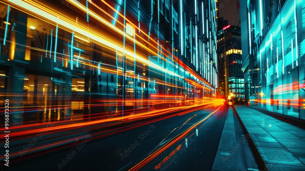 Light trails on the modern building background. Light trails at night in urban environment, Abstract Motion Blur City, traffic, transportation, street, road, speed Light trails on the modern building background. Light trails at night in urban environment, Abstract Motion Blur City, traffic, transportation, street, road, speed