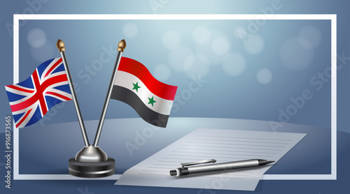 United Kingdom and Syria Small national flag on bokeh background, cooperative relationship