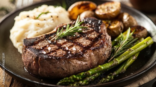 A delicious plate featuring grilled steak, mashed potatoes, roasted potatoes, and asparagus.