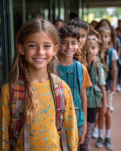 Children lined up with backpacks at school during the morning in a sunny setting
