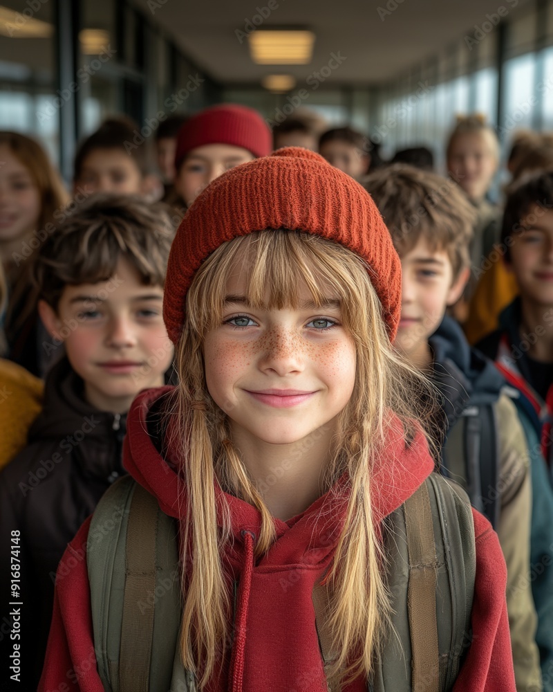 A group of school children walking through a hallway at lunchtime with a girl in the front wearing a red beanie and hoodie A group of school children walking through a hallway at lunchtime with a girl in the front wearing a red beanie and hoodie
