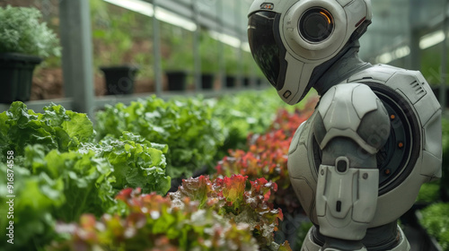 Artificial intelligence. Smart robotics analysis leaf and foliar fertilization and pollination of fruits vegetables. Detection spray chemical. Agriculture farming technology futuristic with robot.