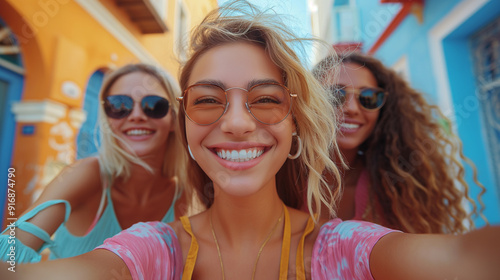 young smiling hipster women in summer clothes. Girls taking selfie self portrait photos on smartphone.Models posing in the street.Female showing positive face emotions