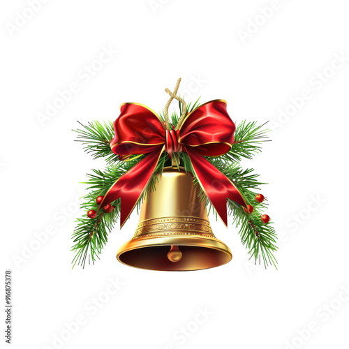 Golden bells with red ribbons, a perfect blend of beauty and Christmas tradition