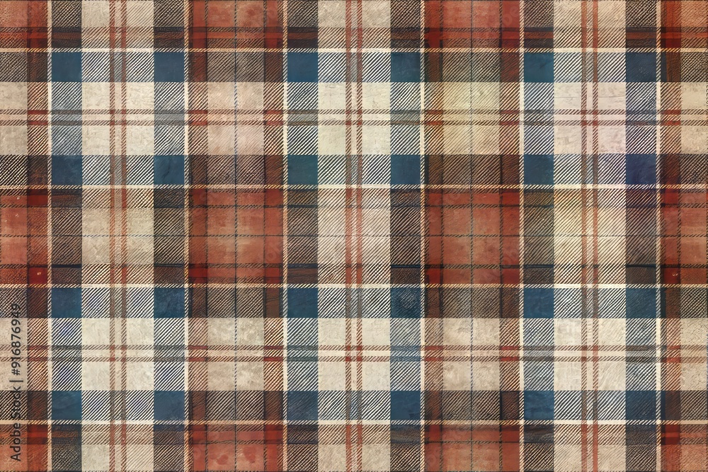 Rustic plaid pattern features grayish blue, sienna red, blackish navy, and cream hues in a seamless, textured fabric print with timeless, earthy charm. Rustic plaid pattern features grayish blue, sienna red, blackish navy, and cream hues in a seamless, textured fabric print with timeless, earthy charm.