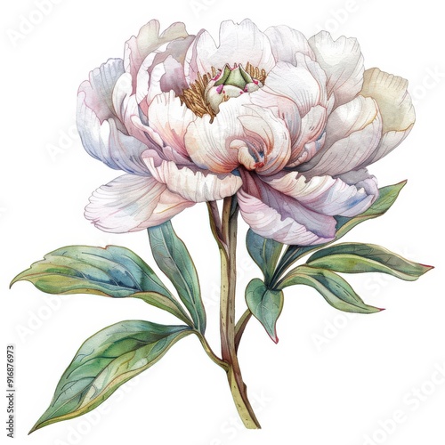 A detailed illustration of a peony flower with leaves, showcasing natural beauty.