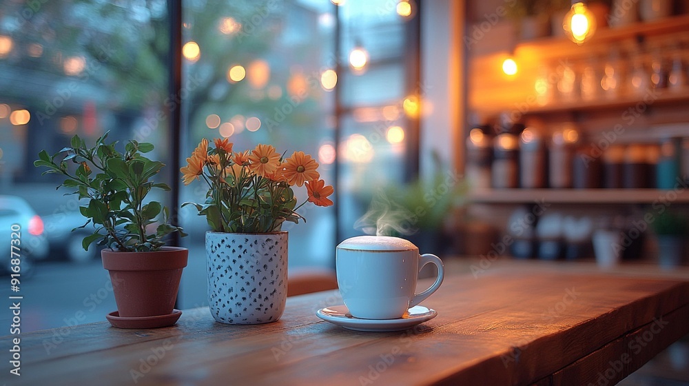 Warm Coffee Shop Decor with Cozy Shelf and Table, Enchanted by Bokeh Effect - Generative AI Warm Coffee Shop Decor with Cozy Shelf and Table, Enchanted by Bokeh Effect - Generative AI