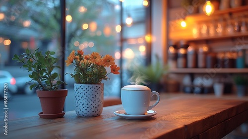 Warm Coffee Shop Decor with Cozy Shelf and Table, Enchanted by Bokeh Effect - Generative AI
