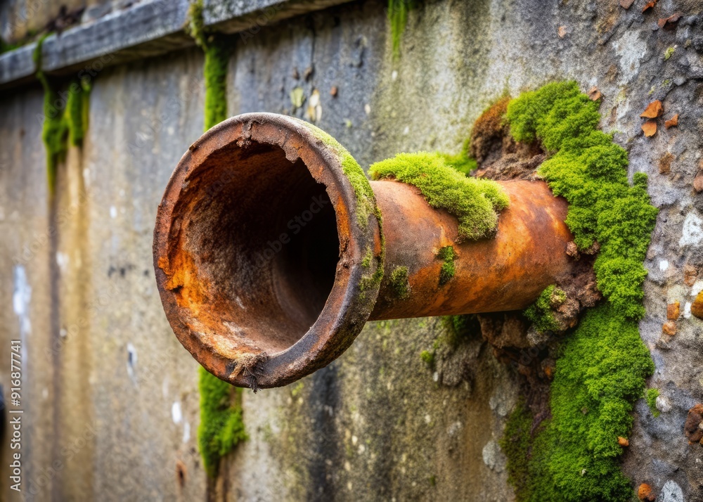 Rusty metal drain pipe with moss and dirt accumulation, set against a worn concrete wall, exemplifying urban decay and neglect in a gritty industrial setting. Rusty metal drain pipe with moss and dirt accumulation, set against a worn concrete wall, exemplifying urban decay and neglect in a gritty industrial setting.