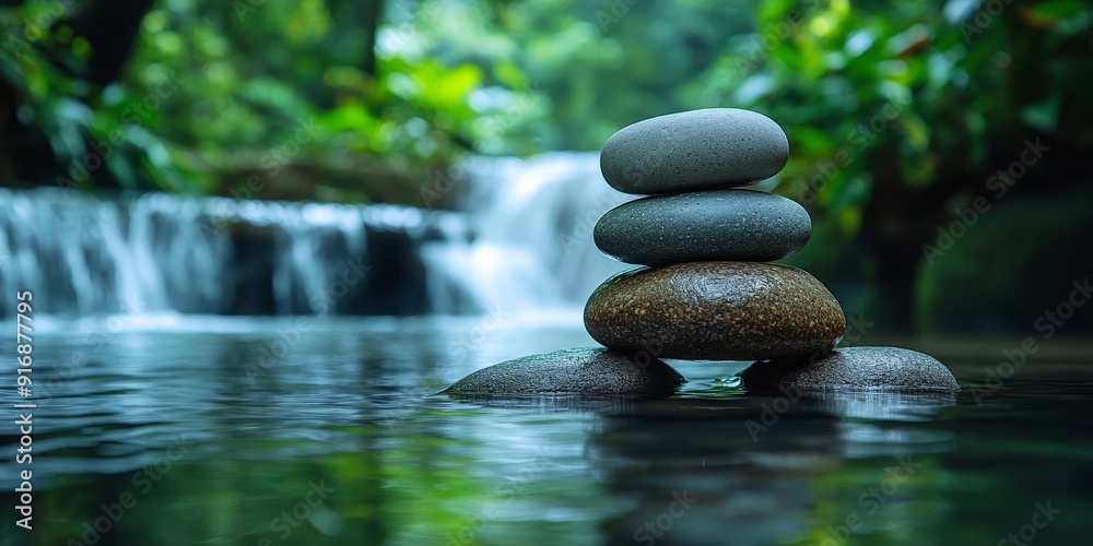 Zen Stones with Waterfall and Lush Greenery Zen Stones with Waterfall and Lush Greenery