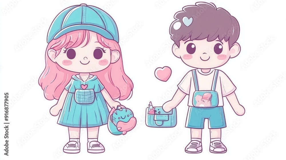 Cute kawaii girl and boy with matching accessories, anime-style flat color vector art, isolated on white