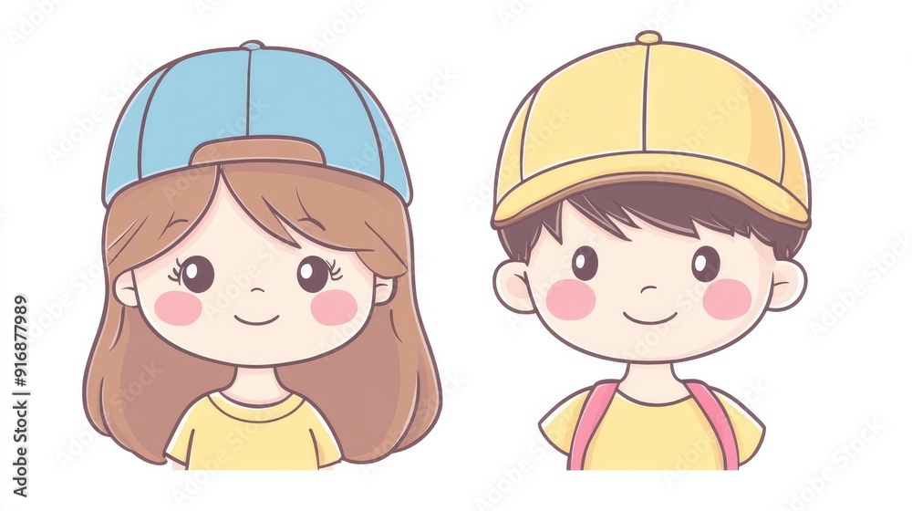 Cute kawaii girl and boy with matching accessories, anime-style flat color vector art, isolated on white Cute kawaii girl and boy with matching accessories, anime-style flat color vector art, isolated on white