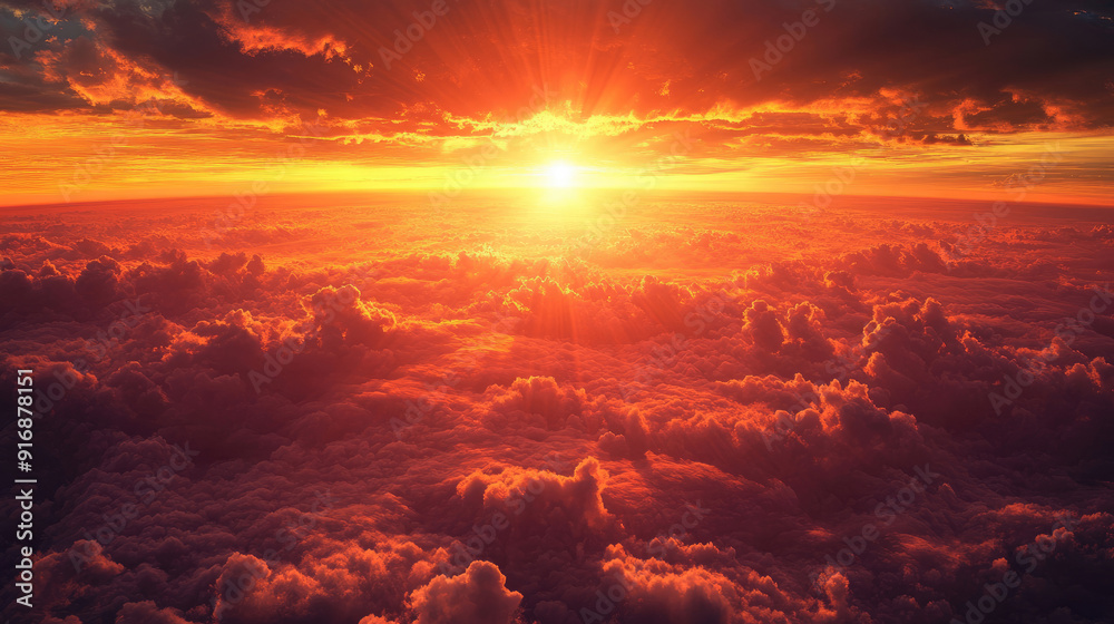 Obraz premium Vivid Red Sunset with Sun Rays and Clouds Viewed from Space