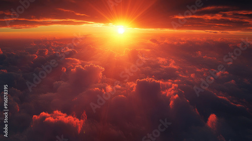 Vivid Red Sunset with Sun Rays and Clouds Viewed from Space