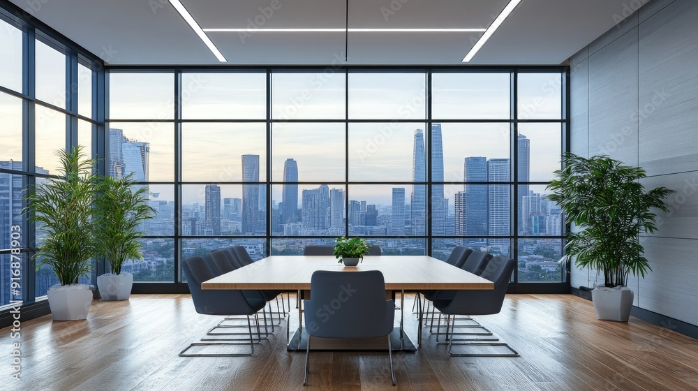 Modern boardroom with a large window view of a cityscape
