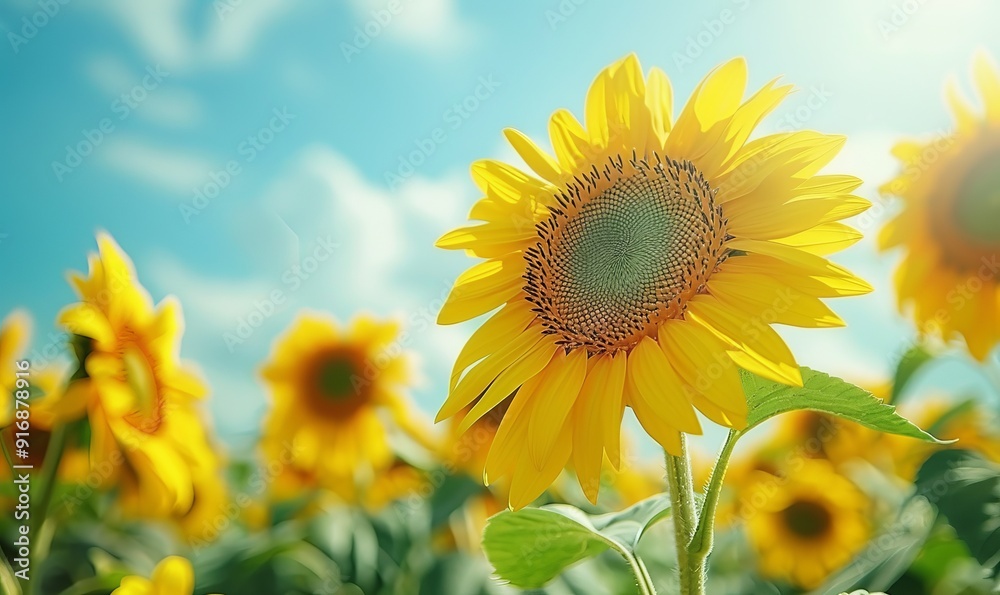 Ground level photo of sunflower field, vibrant blooms and blue sky, cheerful and colorful Ground level photo of sunflower field, vibrant blooms and blue sky, cheerful and colorful