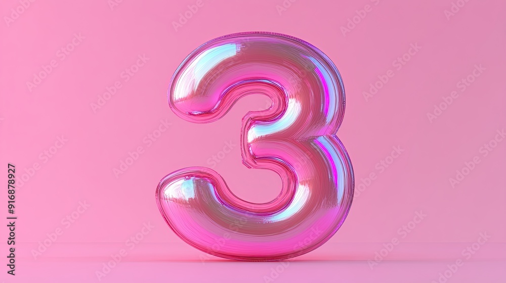 Shiny pink number three balloon on pink background. Shiny pink number three balloon on pink background.