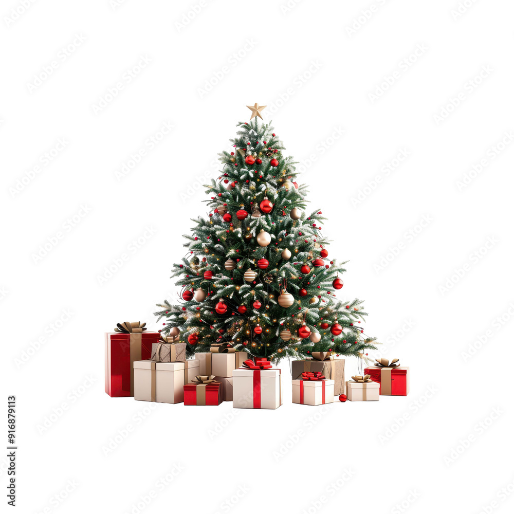 A green Christmas tree with sparkling ornaments, neatly arranged white gifts decorated with red ribbons underneath, bringing warmth and joy to Christmas