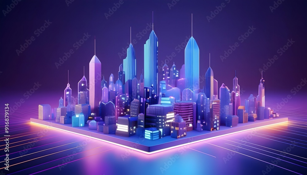 Fototapeta premium 3D rendering of a cityscape that comes alive at night with abstract lines and multi-colored lights.