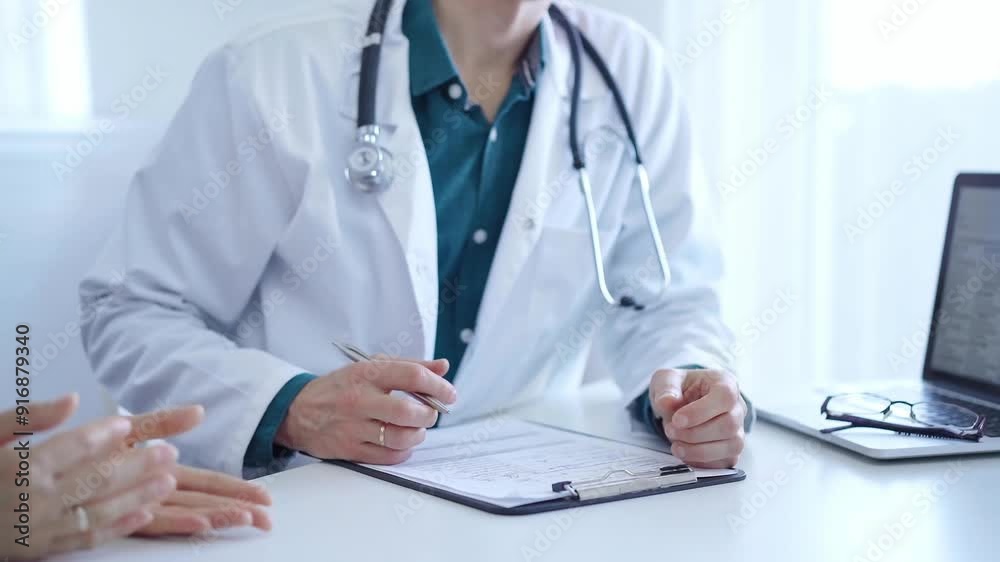 Doctor and a patient. The physician, wearing a white medical coat over a green shirt, is filling out a medical record form during a consultation in the clinic. Medical service Doctor and a patient. The physician, wearing a white medical coat over a green shirt, is filling out a medical record form during a consultation in the clinic. Medical service