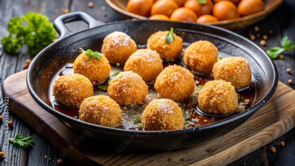Sizzling fried onde onde balls freshly cooked in a hot wok pan, surrounded by sweet potato starch and oil, with a savory aroma filling the air. Sizzling fried onde onde balls freshly cooked in a hot wok pan, surrounded by sweet potato starch and oil, with a savory aroma filling the air.