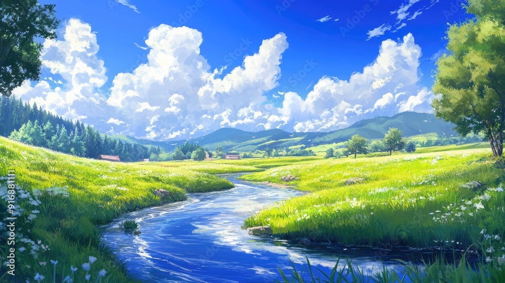 Fototapeta premium Idyllic anime-style summer day with a flowing stream, sunlit fields, and fluffy clouds floating in a blue sky