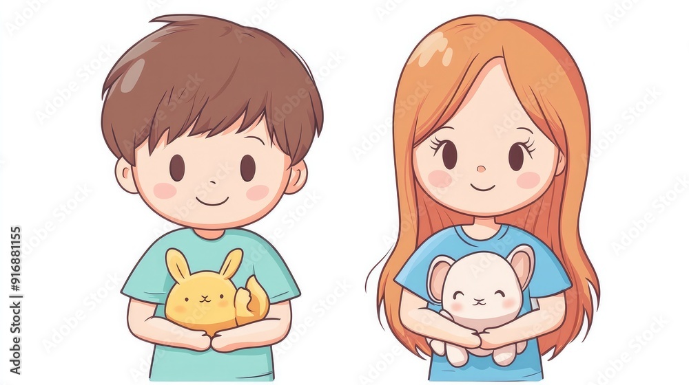 Cute boy and girl holding stuffed animals, anime-style vector illustration, flat colors on white Cute boy and girl holding stuffed animals, anime-style vector illustration, flat colors on white
