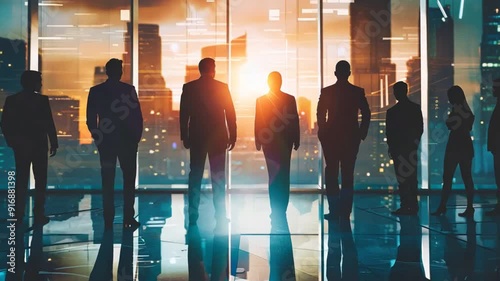Group of business people standing in an office with sunlight streaming in through the window, representing collaboration and growth in an organization.