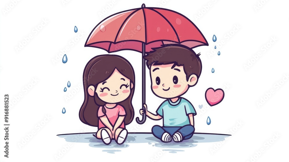 Kawaii boy and girl sitting under an umbrella, anime-style flat color vector art, isolated on white Kawaii boy and girl sitting under an umbrella, anime-style flat color vector art, isolated on white