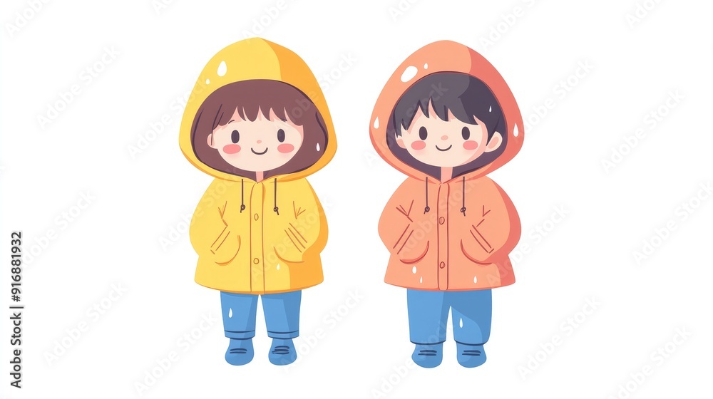 Kawaii girl and boy in raincoats, anime-style vector art, flat colors, isolated on white background Kawaii girl and boy in raincoats, anime-style vector art, flat colors, isolated on white background