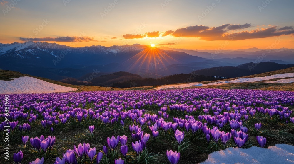 Fototapeta premium Purple Crocuses Blooming in a Mountain Valley at Sunset