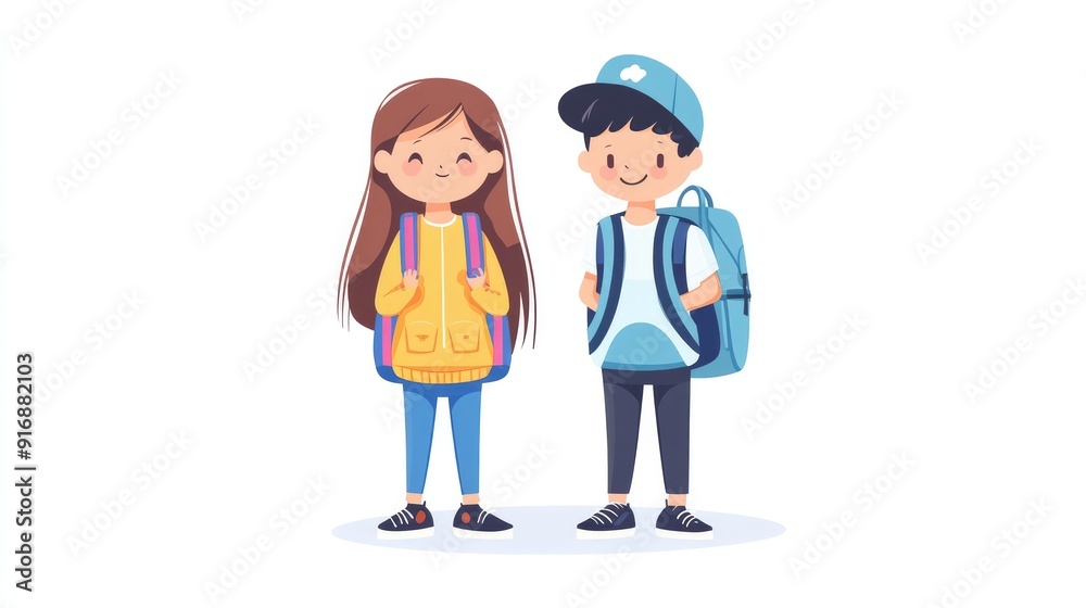 Kawaii girl and boy with matching backpacks, anime-style flat color vector illustration, isolated on white