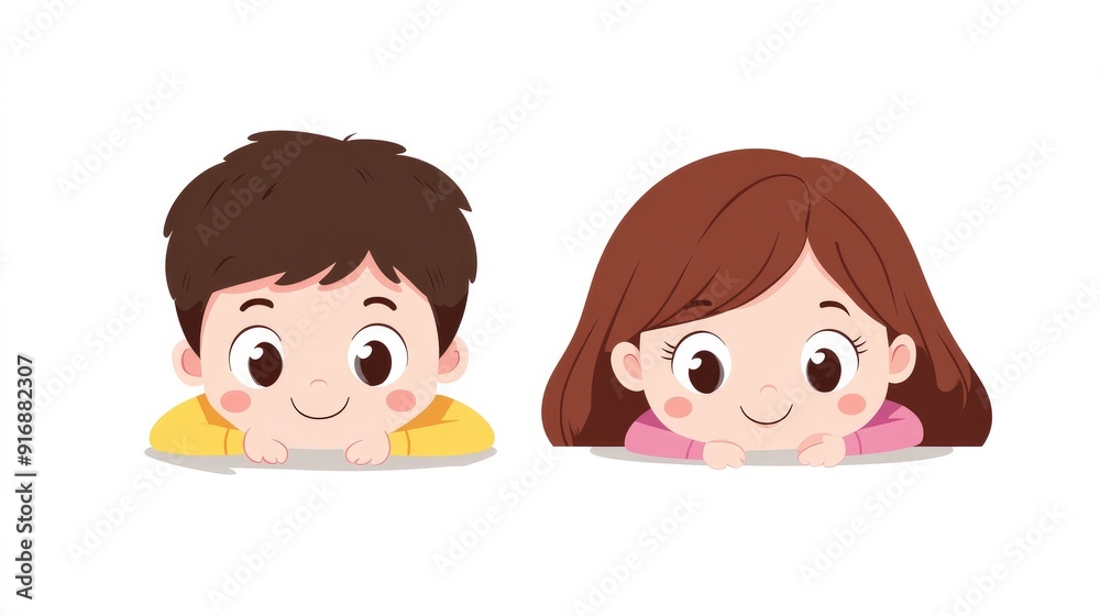Kawaii little boy and girl playing hide and seek, anime-style flat color vector illustration, isolated on white Kawaii little boy and girl playing hide and seek, anime-style flat color vector illustration, isolated on white