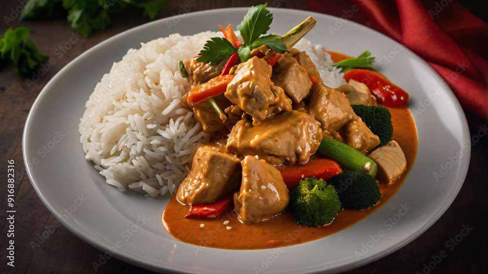 chicken and rice with Thai curry sauce, asian food, gourmet photography chicken and rice with Thai curry sauce, asian food, gourmet photography