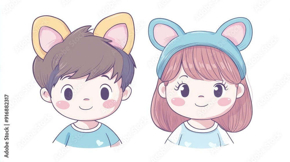 Kawaii little boy and girl with animal ears, anime-style vector illustration, flat colors on white background Kawaii little boy and girl with animal ears, anime-style vector illustration, flat colors on white background