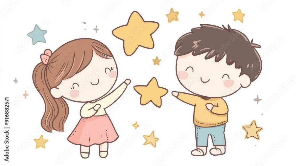 Kawaii little girl and boy holding stars, anime-style vector illustration, flat colors on white background Kawaii little girl and boy holding stars, anime-style vector illustration, flat colors on white background
