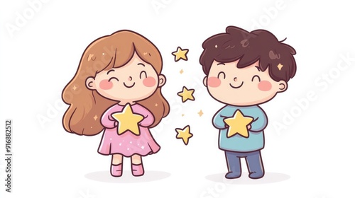Kawaii little girl and boy holding stars, anime-style vector illustration, flat colors on white background