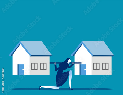Businesswoman unable to lift overweight houses. The pressure of heavy home loans vector concept