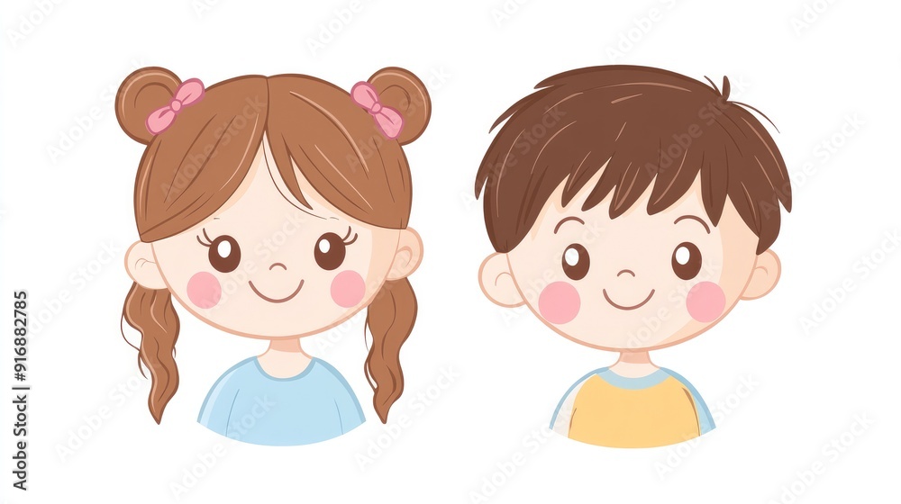 Kawaii little girl and boy with rosy cheeks, anime-style vector illustration, flat colors on white background Kawaii little girl and boy with rosy cheeks, anime-style vector illustration, flat colors on white background
